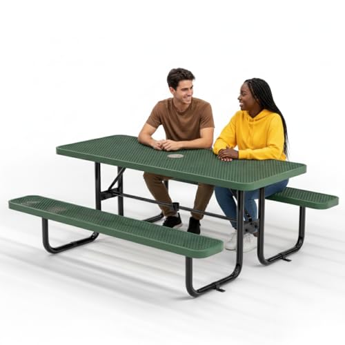 OUTTANS Commercial Heavy-Duty Metal Picnic Table - ADA Compliant, Adjustable Seats, Umbrella Hole, Expanded Metal (Green, 6' Rectangular)