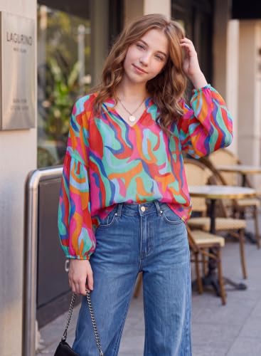 Image of blibean Girls Flower Bell Long Sleeve Blouse Fall Floral Shirts 4-15 Years