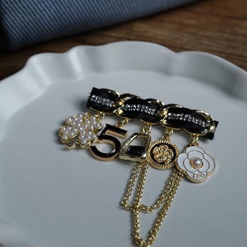 Image of Gold Vintage Fashion Number 5 Camellia Four Leaf Clover Pearl Rhinestone Pendant Brooch Pins Brooches for Women Wedding /Banquet Jewelry