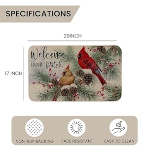 Welcome to Our Patch Cardinal on Tree Branch Christmas Door Mat 17×29 Inch Xmas Seasonal Winter Holiday Low Profile Rug Christmas Doormat for Indoor Outdoor