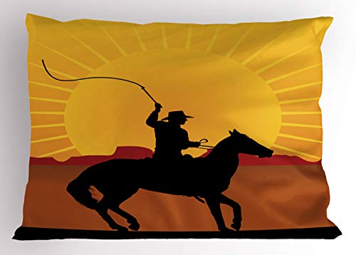 Ambesonne Silhouette Pillow Sham, Cowboy on Horse Sun Backlash Western Pattern, Decorative Standard Queen Size Printed Pillowcase, 30