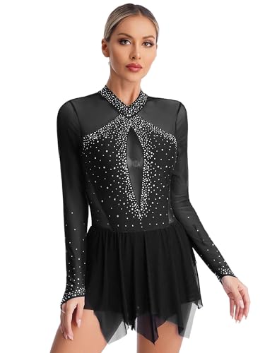 YiZYiF Ragazze Donne Abito da Pattinaggio Artistico Professionale Body da Ginnastica Vestito da Danza Classica Abito da Ballo con Strass Dancewear Nero M