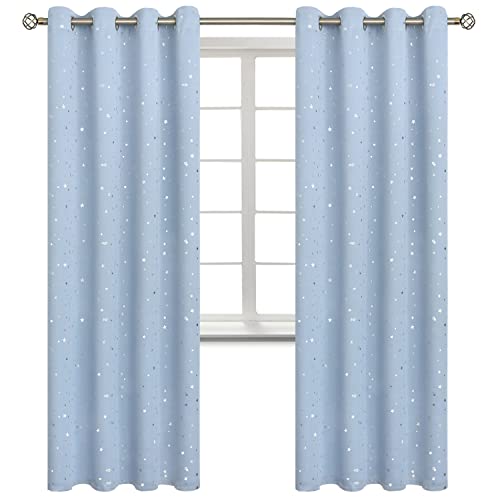 Image of BGment Star Room Darkening Curtains for Kids Bedroom - Grommet Thermal Insulated Silver Star Print Kids Curtains for Living Room, Set of 2 Panels, Baby Blue, 52 x 95 Inch