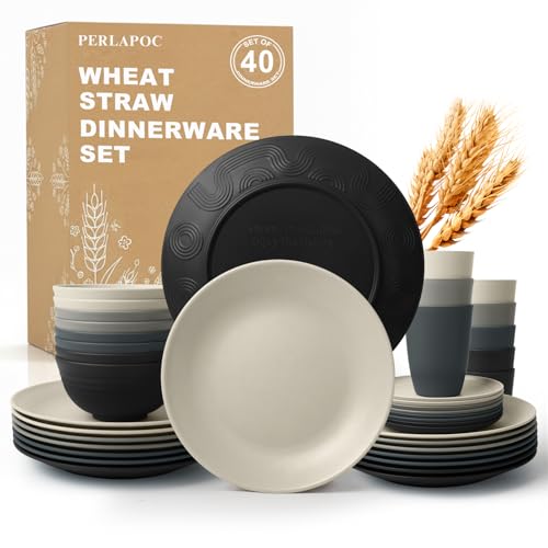 Image of Wheat Straw Dinnerware Sets 40 PCS - Unbreakable Plates and Bowls Sets for 8,Party Kitchen Camping RV Dishwasher & Microwave Safe Modern Lightweight Dishware Sets - Black Grey