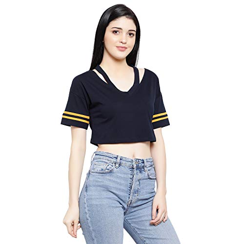 Image of LE BOURGEOIS Women Solid Loose Fit Desiger V-Neck Short Sleeve Dance Party Casul Crop Top