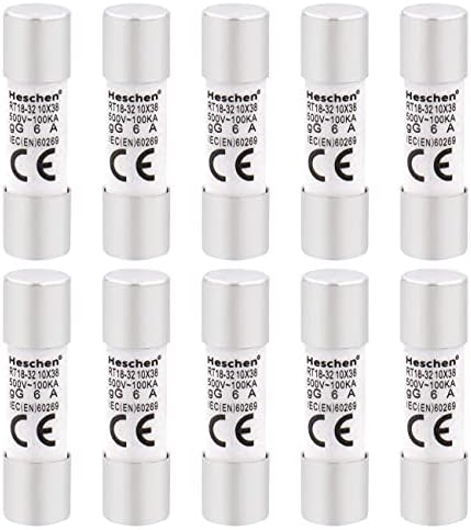 Heschen Cylindrical Ceramic Tube Fuse Link RT18-32 (RO15) 10×38 mm 6A 500V CE TüV Pack of 10