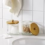 KMwares Matte Gold Set of 2 Glass Qtip Holder Dispenser Set for Cotton Ball, Swab, Round Pads, Floss Picks - Bathroom Canister Storage Organization and Vanity Makeup Organizer - Image 2