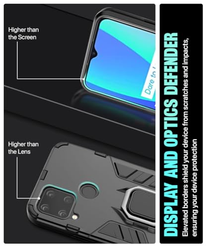 Image of WOW IMAGINE Shock Proof Back Case Mobile Cover for Realme C15 (Tough Armor | Hybrid PC + TPU | Full Protection with Ring Holder & in-Built Kickstand | Black)