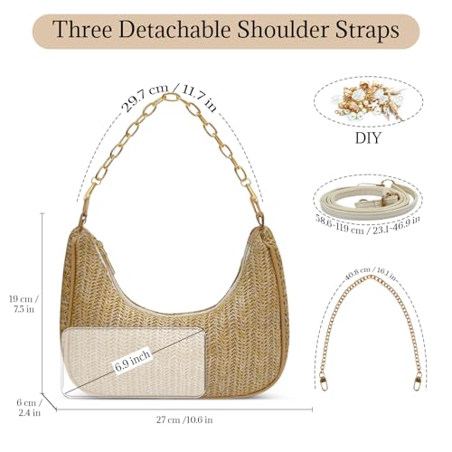 Beach Purse Straw Shoulder Bag for Women, Summer Purse with Shell Pearl Bag Charms & 2Pcs Detachable Strap Chain3