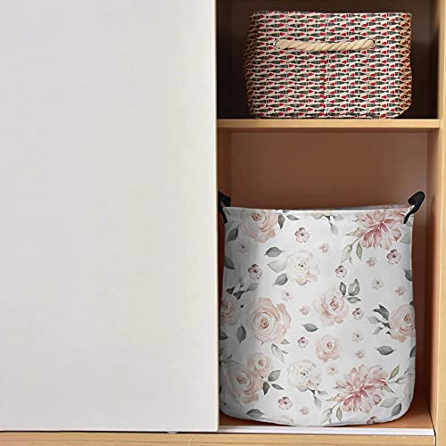 Laundry Baskets With Handles Floral Leaves Print Waterproof Freestanding Laundry Hamper, Round Collapsible Hampers For Bedroom, Laundry, Toys, Clothes Pink Grey 16.5X17Inch #TOP1