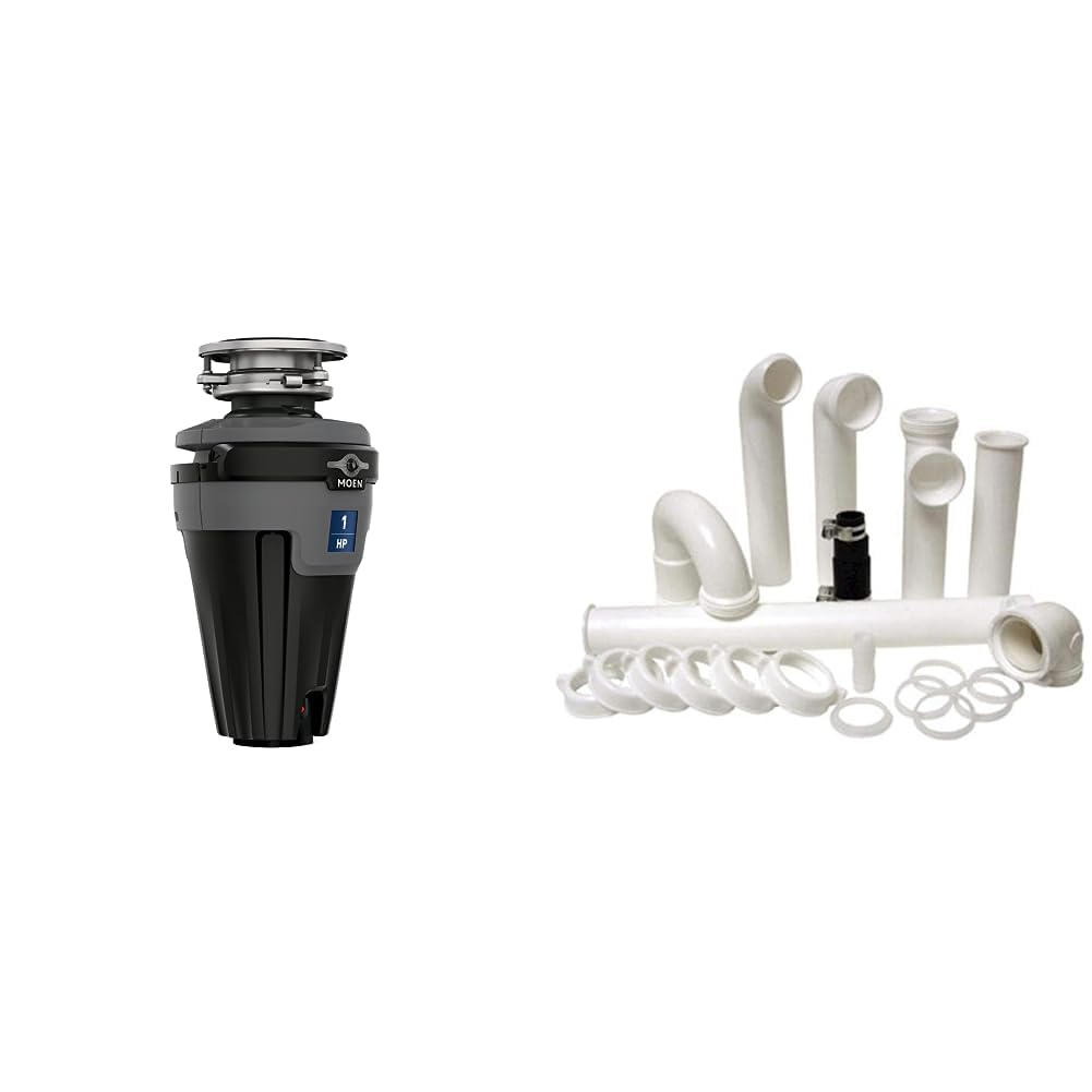 Moen Chef Series 1 HP Continuous Feed Lighted Garbage Disposal with Sound Reduction for Under Sink, Power Cord Included, EXL100C & PF WaterWorks PF0989Garbage Disposal Installation KitWhite