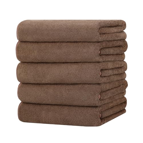 バスタオル マイクロファイバー 5枚セット タオル ホテル仕様 大判 60x120cm ふわふわ 瞬間吸水 速乾 耐久性 家庭 業務用 エステ サロン バス用品 新生活 ギフト (ブラウン)