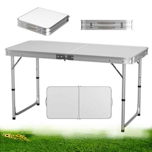 VickyHome Heavy Duty Camping Table Portable Folding Tables, Height Adjustable Picnic Table with Carrying Handle for Catering Garden Camping BBQ Party, 120X60X70CM, 3 Height 70/62/55cm
