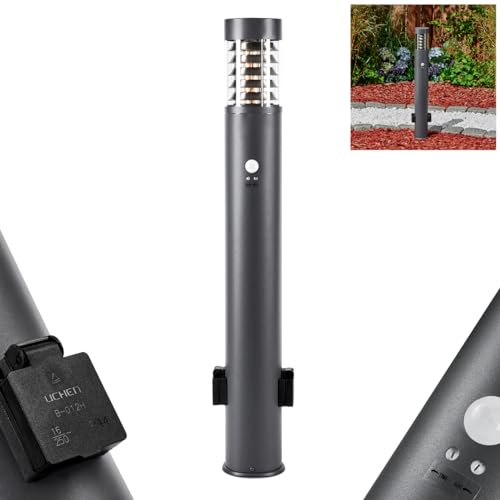 Außenwegeleuchte Dakar, moderne Wegeleuchte mit Bewegungsmelder und 2 Steckdosen aus Metall/Kunststoff in Anthrazit/Klar, Höhe 80 cm, Gartenbeleuchtung IP44, 1 x E27, ohne Leuchtmittel