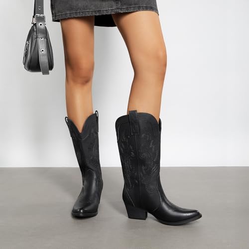 DREAM PAIRS DREAM PAIRS Women's Cowboy Cowgirl Boots Embroidered Pointed Toe Low Heel Western Mid Calf Boot for Theme Party Country Concert,Size 8.5,All Black,DWUMMB2503