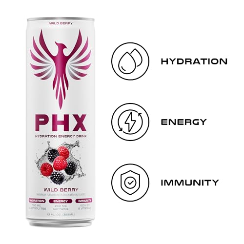 Image of PHX Hydration Energy Drink - 700mg Electrolytes, 200mg Natural Green Tea Caffeine, 100% Daily Value 8 Essential Vitamins - 12 oz Cans (12 Pack, Wild Berry)