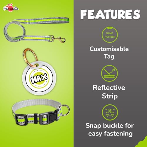 Image of Pawsindia Leash and Collar with Name Tag for Dogs, Reflective Green 0.75 Inche Width Adjustable Collar and 4 Feet Heavy Duty Leash with Customize Nametag