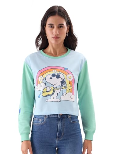Image of The Souled Store Peanuts: Groove Women and Girls Blue Long Sleeve Round Neck Graphic Printed Oversized Crop Fit Pre-Winter Tops Sweatshirts Hoodies Pullovers Graphic Printed Colors Sportswear Casual