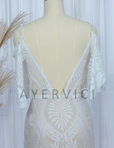 Image of Boho Lace Wedding Dress for Brides Off The Sleeves V Neck Backless Sheath Long Casual Bridal Gowns(Ivory,US12)