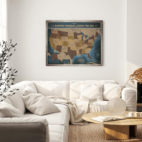 Image of DECORARTS - Deep Blue Vintage USA Travel Map Canvas with Pins, US Map for Travel, for Living Room or Office, Ready to Hang, 35x28''