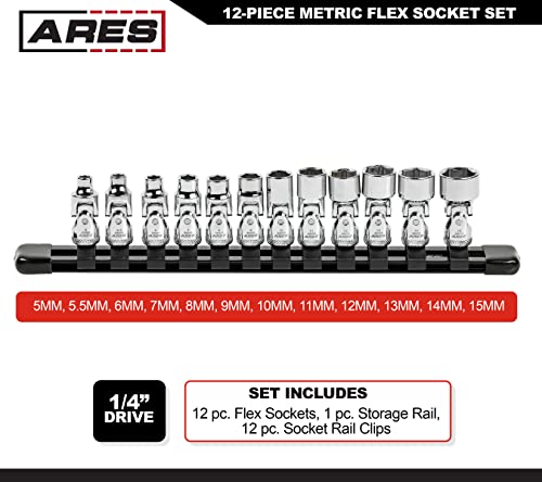 Ares 39009-12-Piece 1/4-Inch Drive Metric Flex Socket Set - 6 Point Sockets Constructed From Premium Heat Treated Chrome Vanadium Steel - Storage Rail Included #TOP1