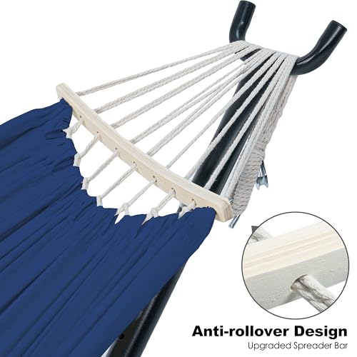 Image of GAFETE Double Hammocks with Stand for Outside, Max 600lbs, (Navy Blue) | Upgraded Spreader Bar, 9FT Heavy Duty & Space Saving Stand, Easy Assemble, Convenient Side Pocket, Indoor & Outdoor, Patio