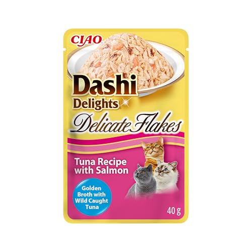 INABA Dashi Delights Delicate Flakes, Copos en Caldo para Gatos de Atún y Vieira, Comida Húmeda Rica en Proteínas, Ingredientes Naturales, Snack Húmedo para Gatos, Sopa para Gatos, 1 sobre x 40 g