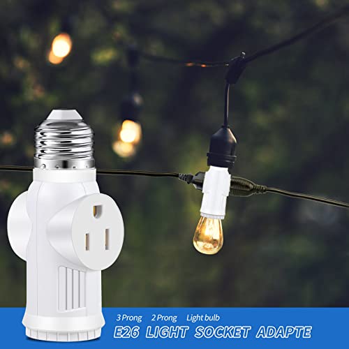 E26 Light Socket To Plug Adapter, 2 Pack Heat-Resistant 2/3 Prong Light Socket Outlet Light Bulb Plug Adapter, Polarized Light Socket Adapter Splitter Converter For Garage Porch (White) #TOP3