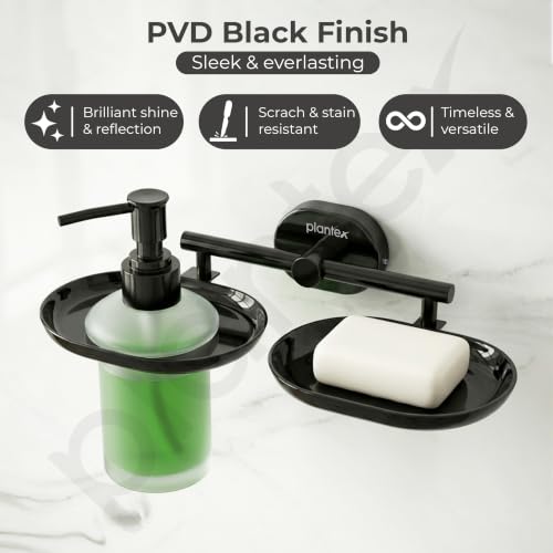 Image of Plantex J4 Stainless Steel Soap Dish with Liquid Dispenser /Soap Stand for Bathroom Wall Mount /Shampoo Dispenser /Bathroom Accessories (PVD Black Finish) Onix