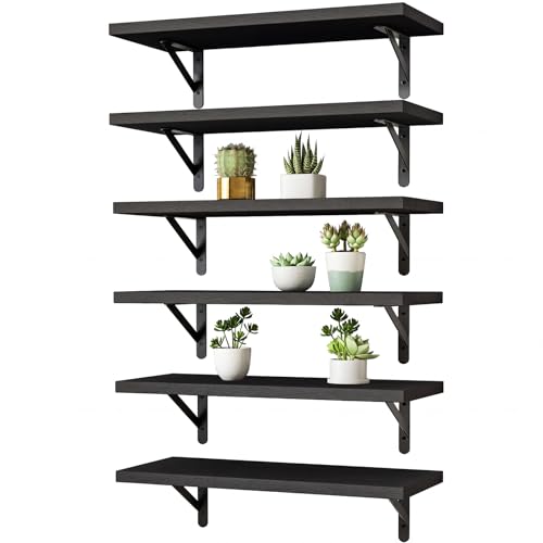 Image of YGEOMER Wall Shelves for Bedroom, 16.5 Inch Floating Shelves for Wall, Shelves for Bathroom Storage, Living Room and Kitchen Decor (Set of 6 Black)