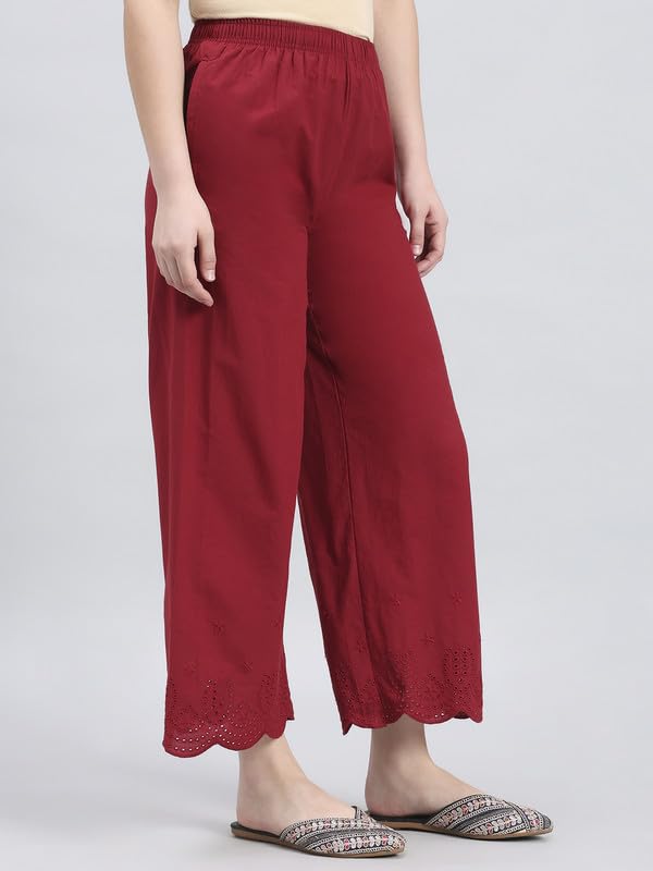Image of GO COLORS Women's Cotton Hakoba Palazzo | Ankle Length, Schiffli Embroidery, Relaxed Fit, Mid-Rise with Side Pocket