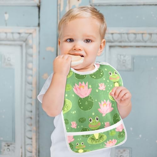 MCHIVER Frogs Lotus Baby Bibs for tag1 Waterproof Feeding Bib Apron with Food Cather Adjustable Cotton Food Eating Bib 2 Pack4