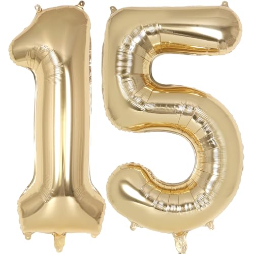 Image of Champagne Gold Large Number 15 Balloon, 40 Inch Light Gold Foil Helium Number Balloons, Giant Mylar Number 15 Balloons for 15 Years Old Birthday Party Anniversary Decorations (Champagne Gold 15)