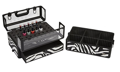Seya Professional 45 Nail Polish Clear Panel Makeup Artist Organizer Cosmetic Case w/Slide Out Drawer (Zebra Black Trim)