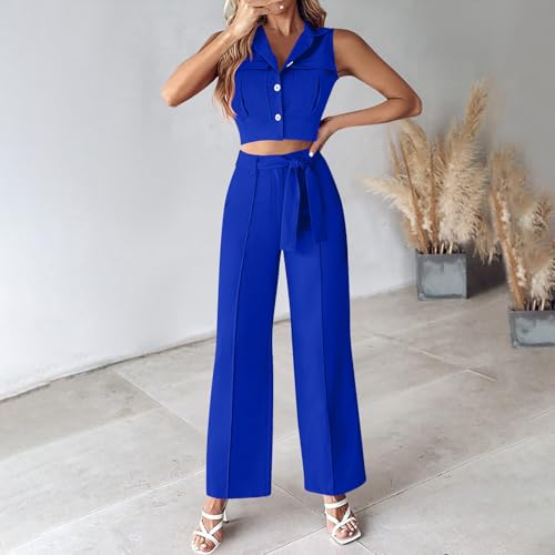 Womens Vest Sets Summer 2 Piece Outfits Sleeveless Lapel Button Crop Blazer Tank Top and Wide Leg Belted Pants Suits2