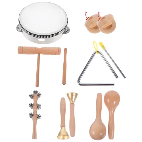 Levemolo 子供用木製打楽器セット ハンドタンバリン マラカスシェーカー トライアングルベル カスタネット フィンガーシンバル 音楽教育用玩具 1set