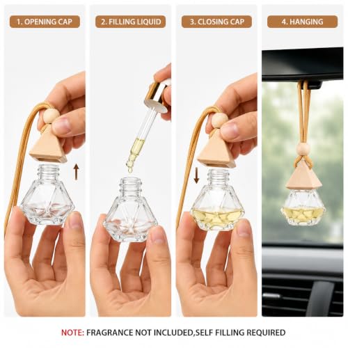 Image of Nibbler Empty Hanging Diffuser Bottle with Wooden Cap & Rope | Refillable Air Freshener Glass Bottle for Essential Oils, Fragrance & Car Freshener, Car, Home, Office & Wardrobe (10, Pyramid)