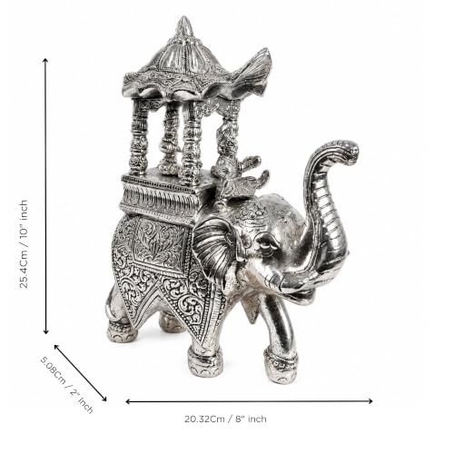 Image of eCraftIndia Silver Finish Decorative Elephant Ambabari Showpiece | Royal Elephant Figurine for Home Decor | Lucky Feng Shui Statue for Living Room, Office, Tabletop & Gift