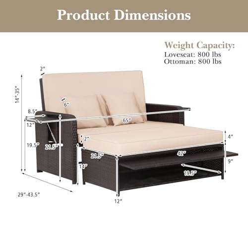 Tangkula Patio Rattan Daybed with 4-Level Adjustable Backrest, Outdoor PE Wicker Loveseat with Storage Ottoman & Folding Side Tray, Double Sunbed Lounger for Balcony, Backyard & Poolside - Image 4