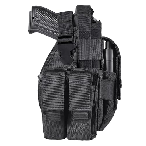 LarKoo Pistol Pouch Holster for 9mm 1911 Glock - Universal Adjustable Hand Gun Case Molle Pistol Belt Holster Bag with Double Mag Magazine Pouch for Convertible Ambidextrous （Left Right Hand）