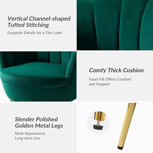 Image of HULALA HOME Modern Velvet Accent Chairs Set of 2 with Shell Shaped Back, Cute Living Room Bedroom Armchairs Sofa Chairs with Gold Legs, Comfy Upholstered Vanity Chairs for Makeup Room, Green