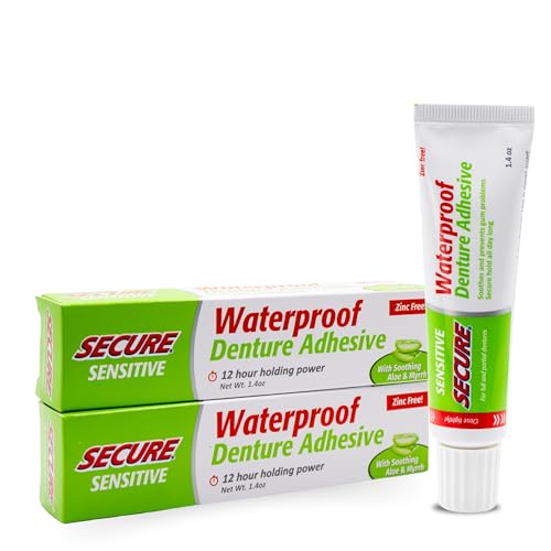 Secure Sensitive Denture Adhesive with Aloe Vera & Myrrh – 12-Hour Max Hold – Patented Waterproof Seal – for All Denture Types – Food Grade Ingredients – FSA HSA Approved – 1.4 oz