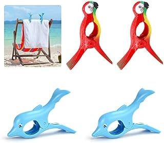 WUHEECOME 4 Pcs Beach Towel Clips Sunbed Towel Clips Portable Towel Holders Clips Large Laundry Clothes Pegs Quilt Blanket Holders for Sunbeds, Sun Loungers, Pool Chairs, Laundry (Dolphin + Parrot)
