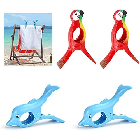 WUHEECOME 4 Pcs Beach Towel Clips Sunbed Towel Clips Portable Towel Holders Clips Large Laundry Clothes Pegs Quilt Blanket Holders for Sunbeds, Sun Loungers, Pool Chairs, Laundry (Dolphin + Parrot) Cover