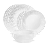 Corelle Linen Weave 12pc, Service for 4, Dinnerware Set, 8 plates 4 bowls, Chip & Break Resistant, D
