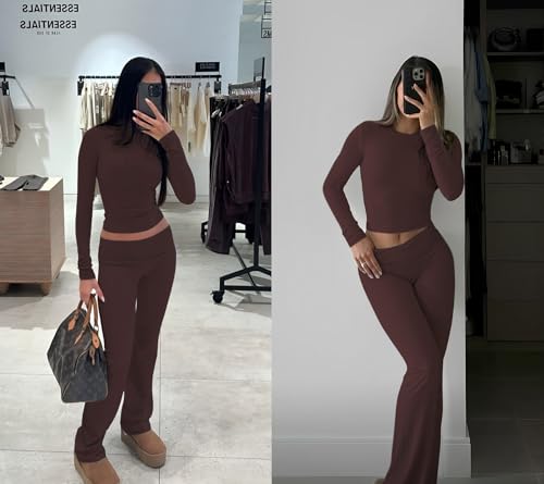 Image of YETOWA Y2K 2 Piece Outfits Tummy Control Long Sleeve Crop Top High Waisted Flare Pants Soft Knit Lounge Set