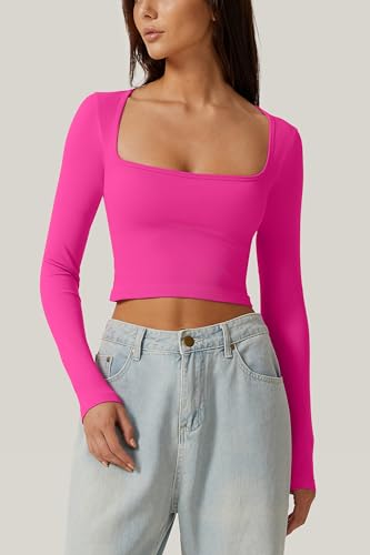 Meyeeka Women's Sexy Long Sleeve Crop top Seamless Square Neck Trendy T Shirt Tops4