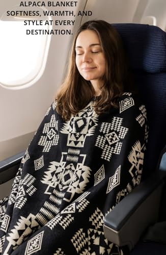 Image of Alpaca Wool Blanket, Throw Size 78 x 47, Reversible 2 in 1, Thick and Ultra Soft, Hypoallergenic, Non-Itchy, Handmade in Ecuador. Premium Alpaca Wool Thtow Blanket for Cozy Comfort. Black and White.