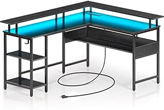 Rolanstar Computer Desk L Shaped with LED Strip & Power Outlets, Reversible L Shaped Computer Corner Desk with Monitor Stand, Home Office Gaming Desk with USB Port&Hook, Black