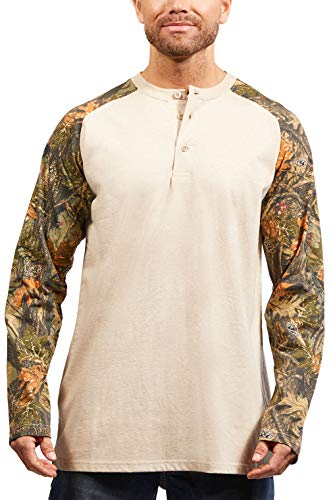 Rasco FR Men's Two-Tone Henley Woodland Camo/Khaki T-Shirt | 7.1 oz FR Knit Flameshield | NFPA 2112, ASTM F1506 Certified | Flame-Resistant | Oil, Gas, Electrical, Utility, Welding Industries, Large